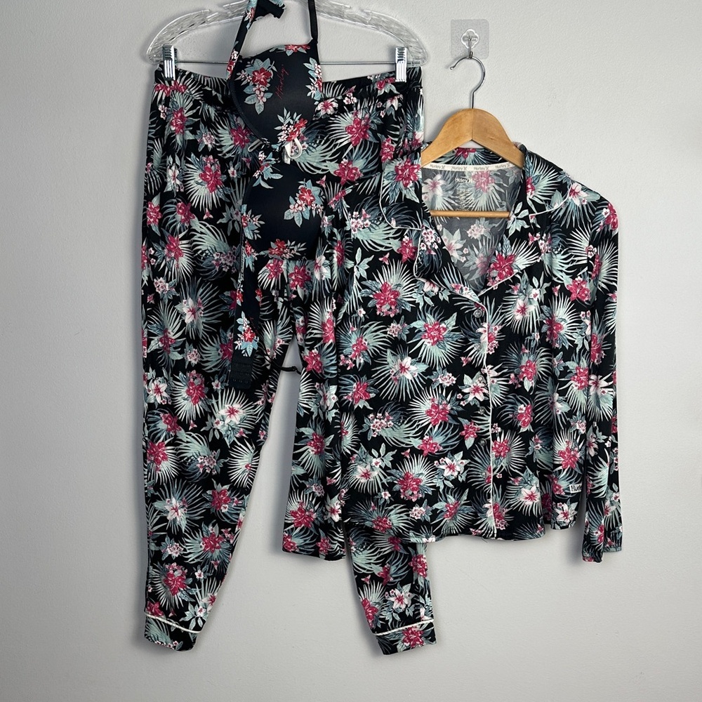 Hurley Pajama Set Large Jogger Pants Pockets Button Long Sleeve Matching Bra 36C - Picture 7 of 16